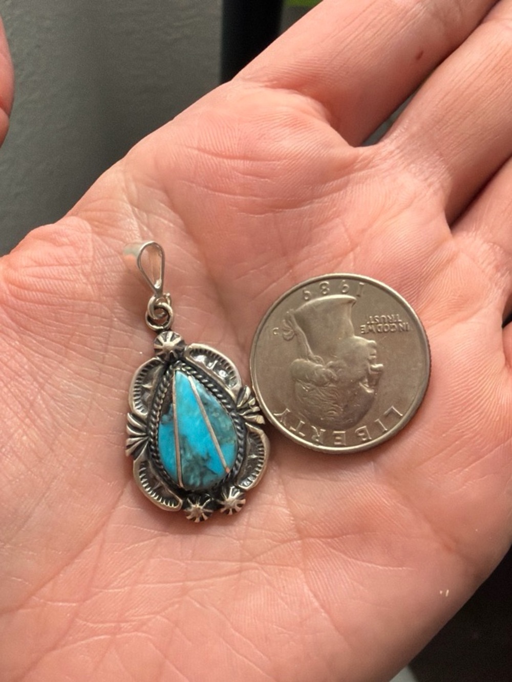 Sterling Silver Teardrop Turquoise Inlay Pendant - signed by artist - Picture 6 of 6